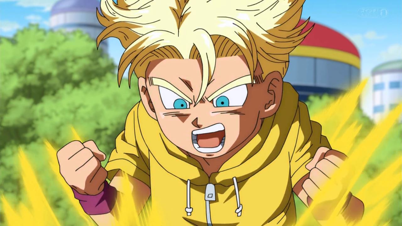Kid Trunks is wearing a yellow hoodie and is very angry.