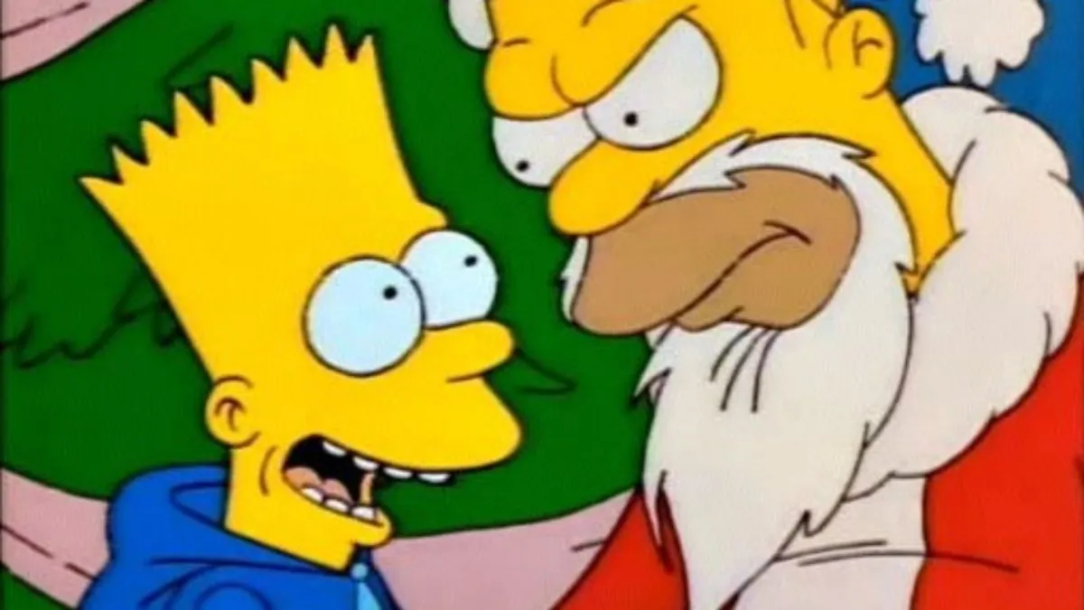 Homer Simpson dressed as Santa frowns at Bart sitting on his knee in The Simpsons pilot episode. 