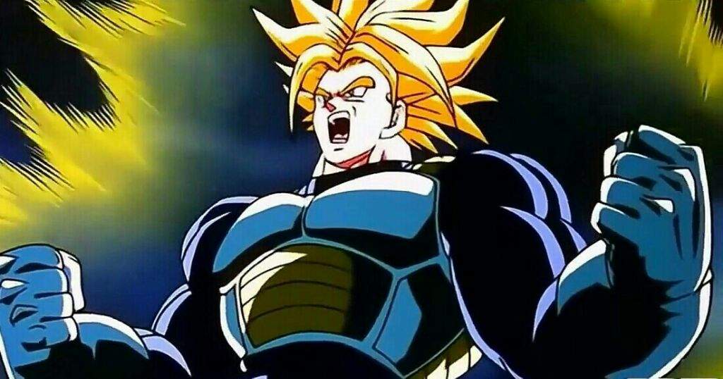 Ultra Super Saiyan Future Trunks is yelling and has his hands in fists.