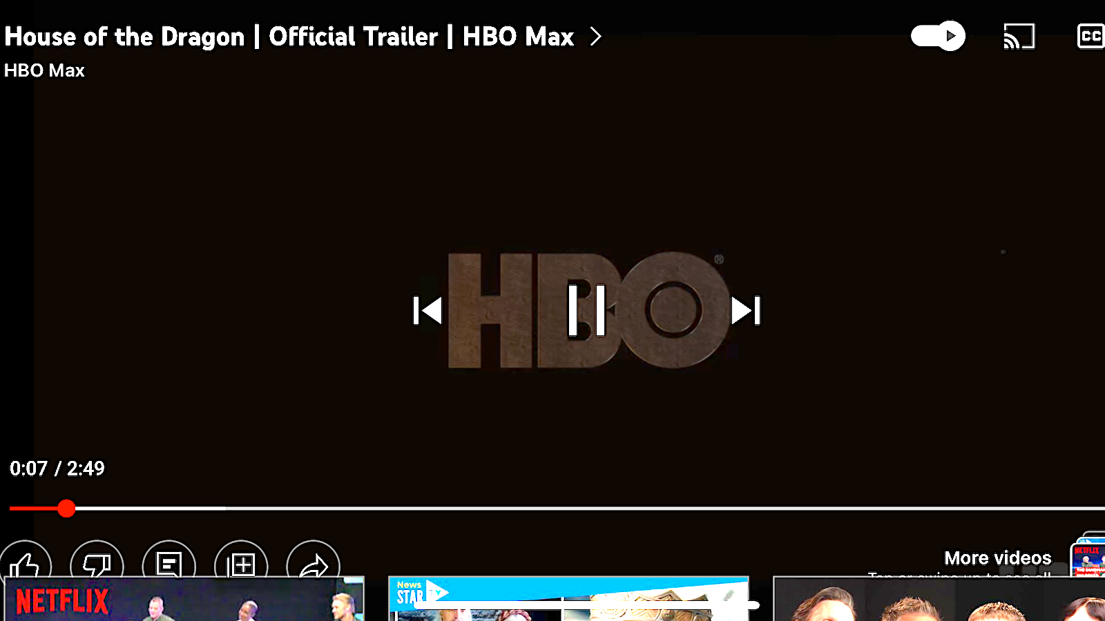 A screenshot of the HBO logo that precedes House of the Dragon on YouTube