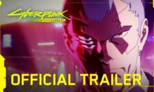 A screencap of the Cyberpunk trailer depicts a character’s face with purple hair and three eyes on one side