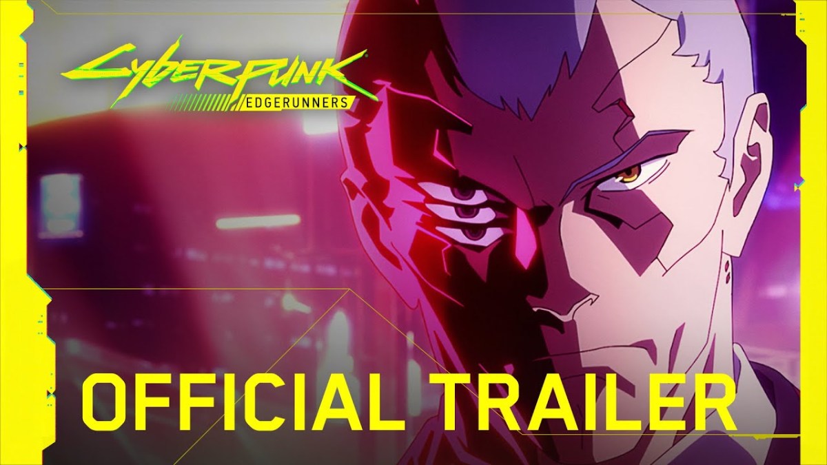 A screencap of the Cyberpunk trailer depicts a character’s face with purple hair and three eyes on one side