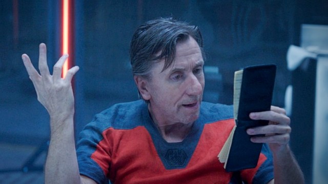Tim Roth in character as Emil Blonsky reads from a small notebook in a scene from ‘She-Hulk: Attorney at Law”