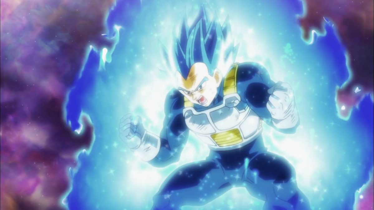 Goku is surrounded by blue flames.