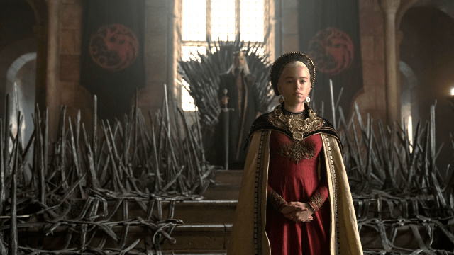 Milly Alcock as young Rhaenyra Targaryen and Paddy Considine as King Viserys I Targaryen