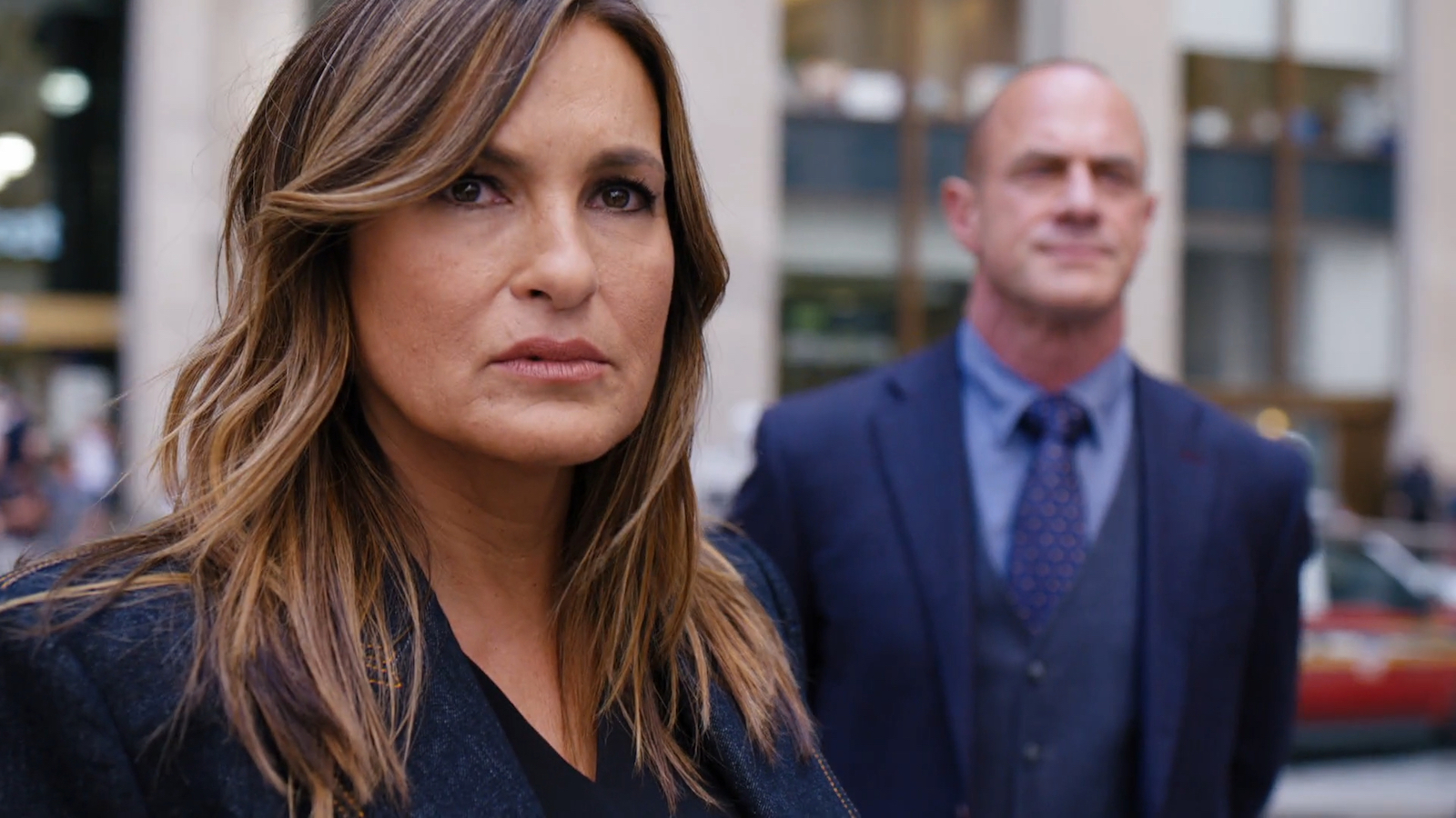 Mariska Hargitay and Christopher Meloni stare into the distance in Law & Order SVU