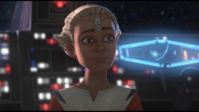 Animated character Omega, who has a large gem in the middle of her forehead, gazes off-screen in front of a panel of lit buttons.