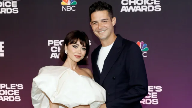 Sarah Hyland and Wells Adams attend the 47th Annual People's Choice Awards at Barker Hangar on December 07, 2021 in Santa Monica, California.