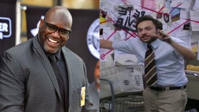 An image of Shaq adjoins an image of Charlie Day in character as Charlie in ‘It’s Always Sunny in Philadelphia,’ expounding on a conspiracy theory using a dry-erase board and yarn