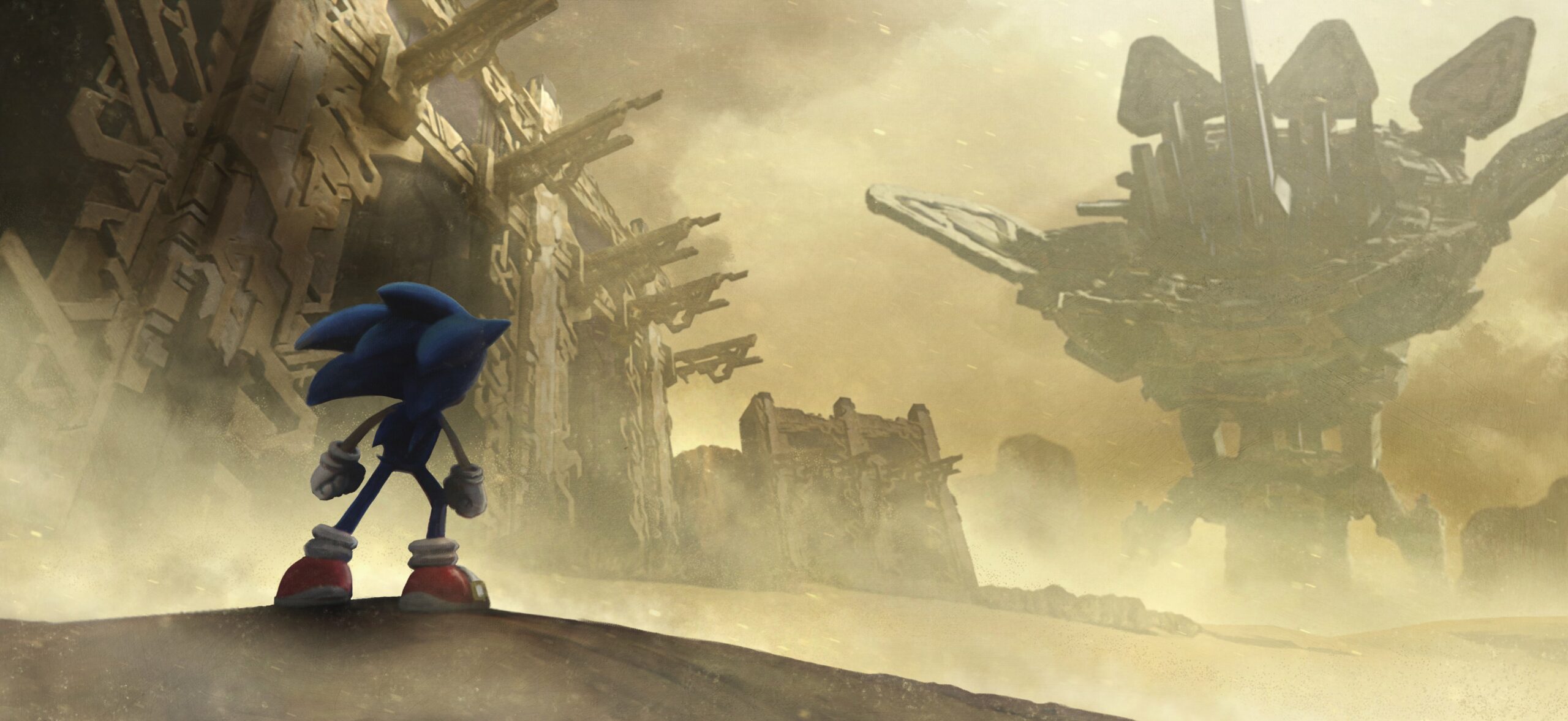 Sonic the Hedgehog looks on to mysterious, sandy ruins, wondering what could be awaiting him.