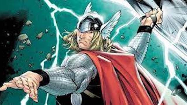 Thor. outfitted in cloak and helmet, arm drawn back in preparation to strike using his hammer which has lightning charging and cracking off of it