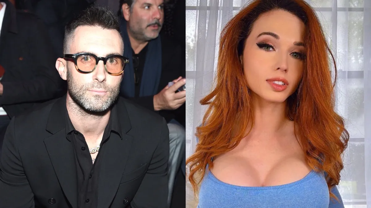 (L) Adam Levine in all black (R) Amouranth in an exposing baby blue tank top