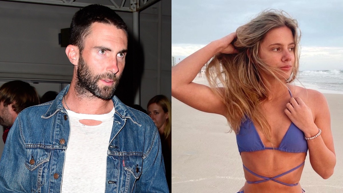 (L) Adam Levine in a ripped white shirt and denim jacket (R) Ashely Russell posing in a blue bikini on the beach