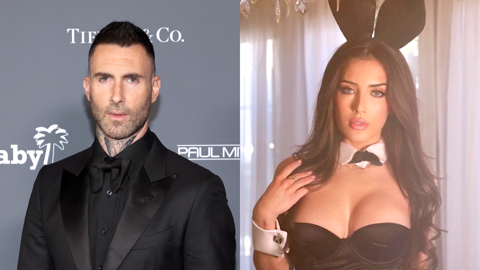 (L) Adam Levine wearing an all-black suit, (R) Sumner Stroh wearing a playboy bunny outfit
