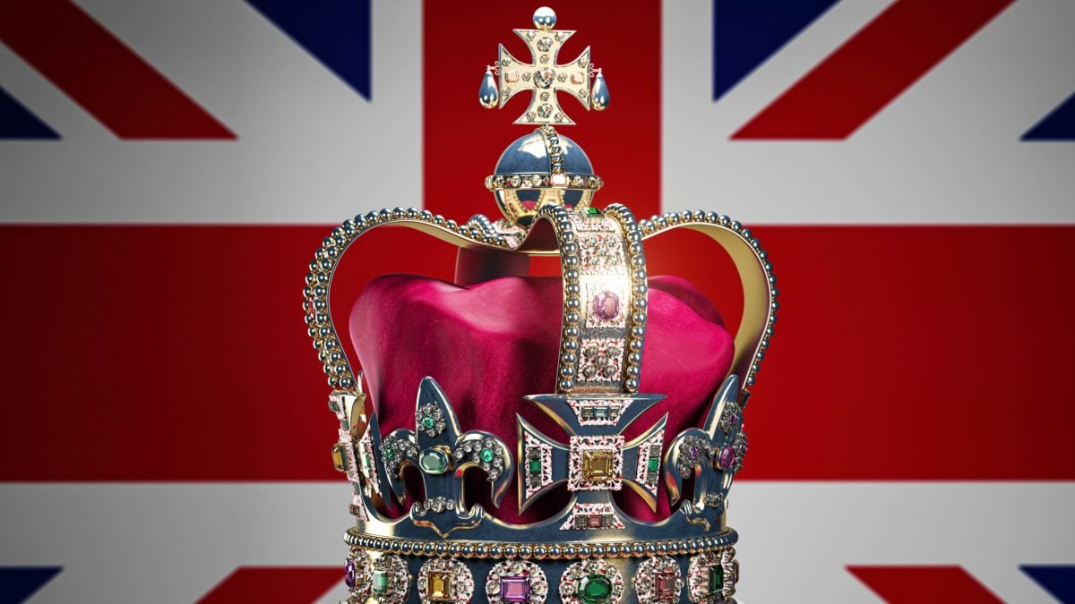 Royal imperial state crown on UK flag background. Symbols of Great Britain UK United Kingdom monarchy. 3d illustration