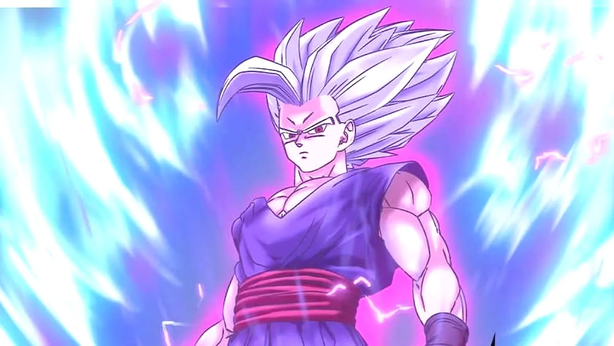 Gohan Beast is standing in front of a colorful background in 'Dragon Ball Super: Super Hero'.