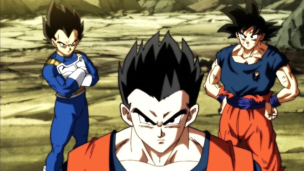 Ultimate Gohan, Goku and Vegeta are standing together in 'Dragon Ball Super'.