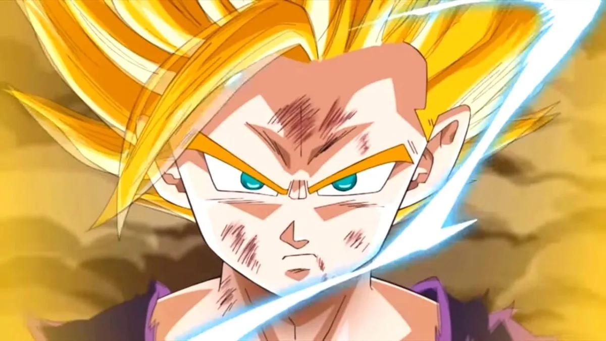 Gohan Super Saiyan 2 in 'Dragon Ball Z Ultimate Tenkaichi' is looking straight ahead.