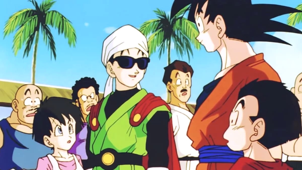 Gohan as the Great Saiyaman is wearing sunglasses in 'Dragon Ball Z'.