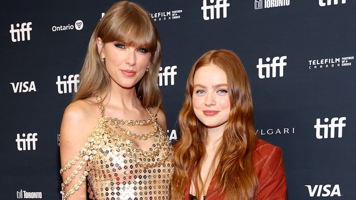 (L) Taylor Swift in a gold sequin dress standing beside (R) Sadie Sink in a red blazer