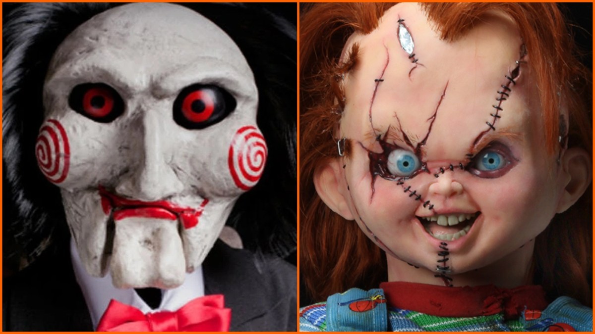 A split image of Billy the puppet from Saw (left) and Chucky from Child's Play (right)