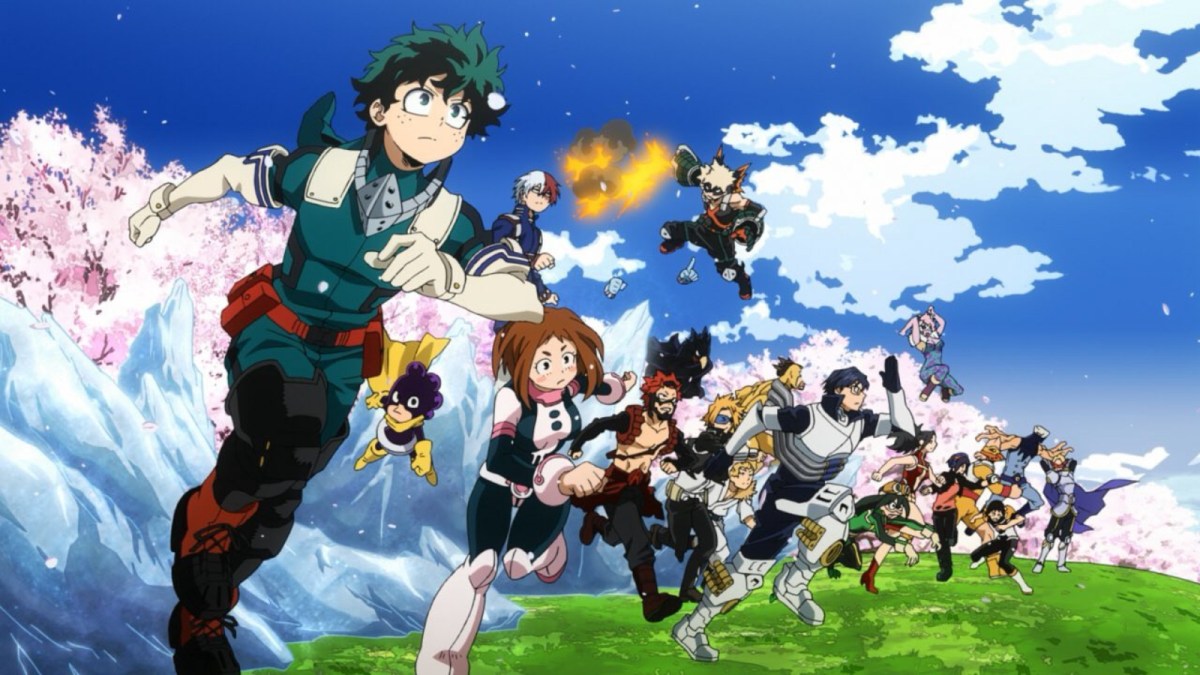 The main cast of My Hero Academia running across a field