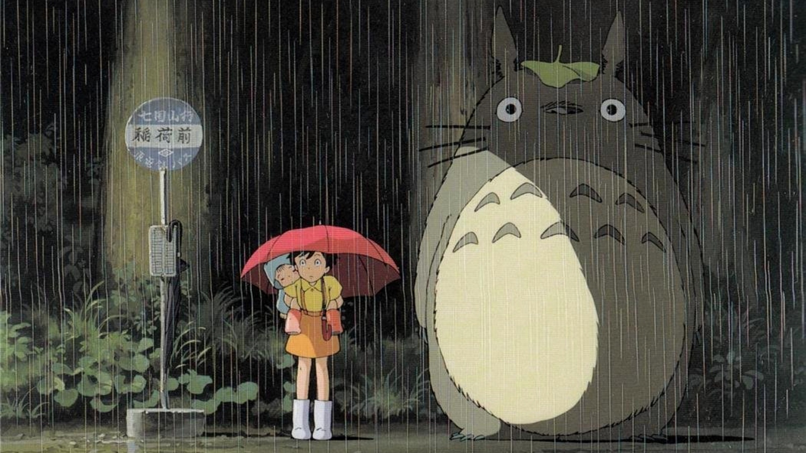 Satsuki, Mei and Totoro at the bus stop in My Neighbor Totoro
