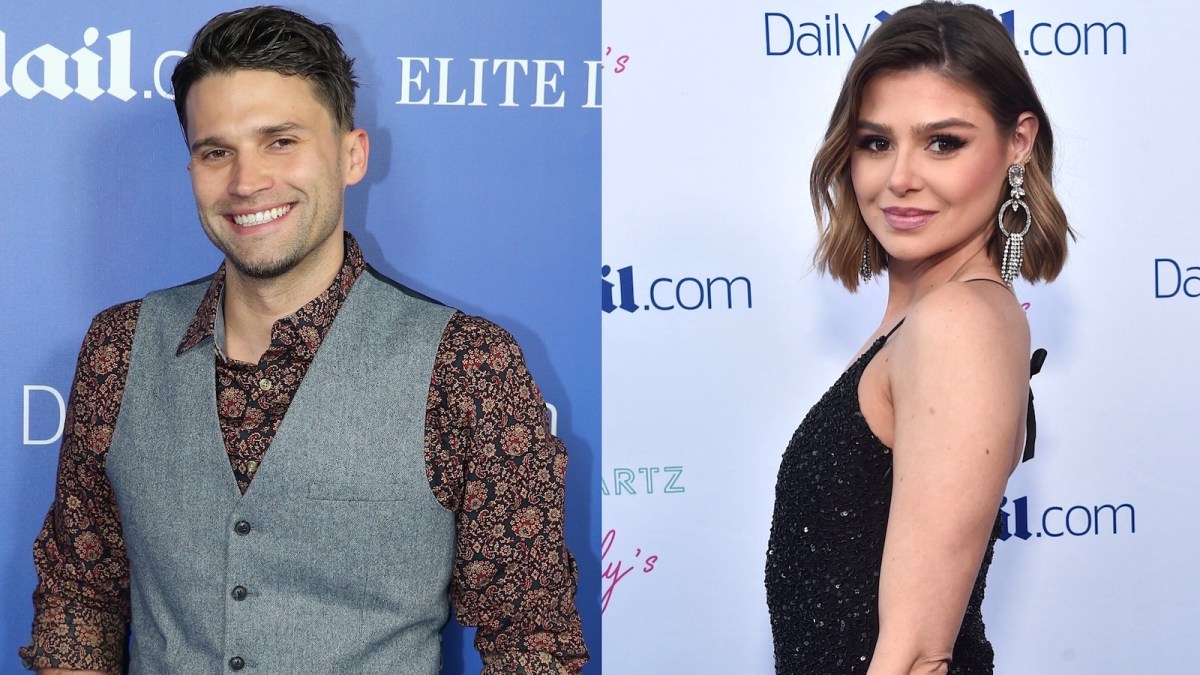 A compilation of two photos, (L) Tom Schwartz in a vest and button up shirt smiling (R) Raquel Leviss smiling over her shoulder in a black dress
