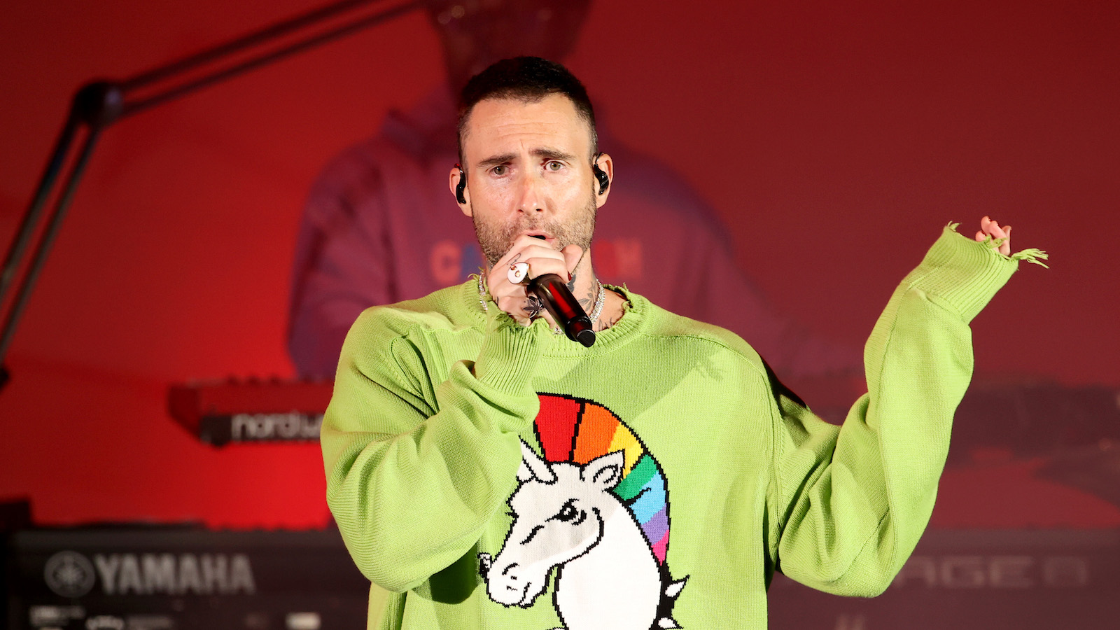 Adam Levine of Maroon 5 wears sweater with unicorn emblem as he performs onstage during the 8th annual "We Can Survive" concert hosted by Audacy at Hollywood Bowl on October 23, 2021 in Los Angeles, California.