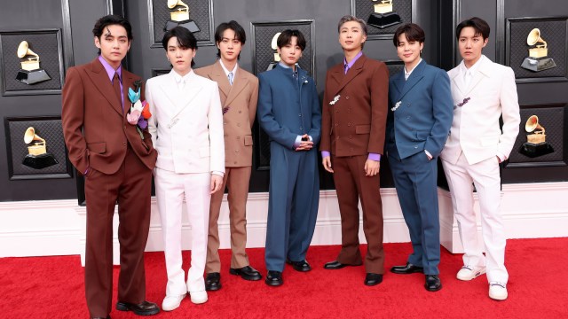 V, Suga, Jin, Jungkook, RM, Jimin and J-Hope of BTS attends the 64th Annual GRAMMY Awards at MGM Grand Garden Arena on April 03, 2022 in Las Vegas, Nevada.
