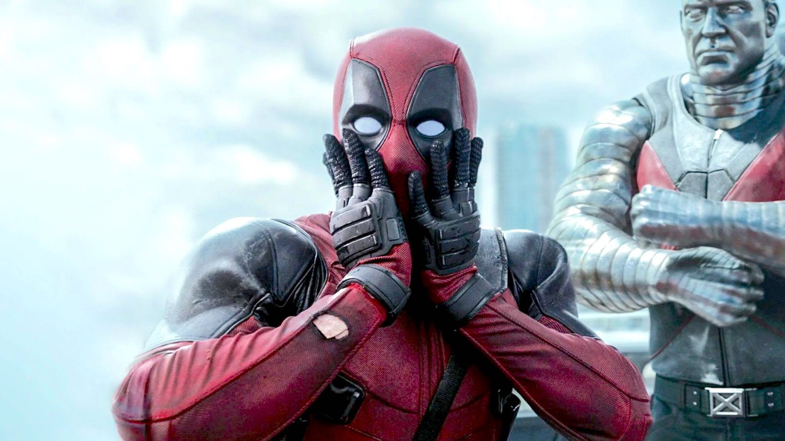 Deadpool surprised with hands on face