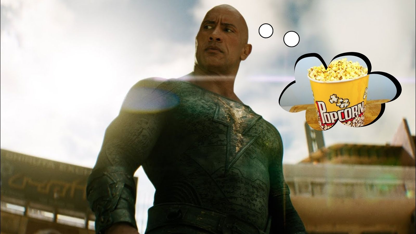 Dwayne Johnson as Black Adam thinking of popcorn