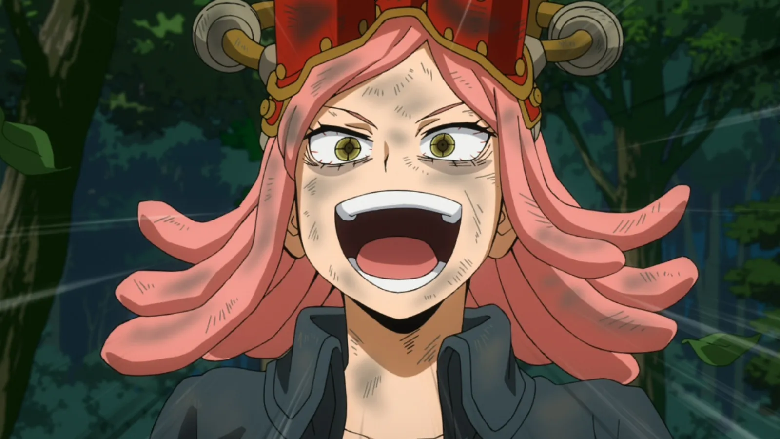 Mei Hatsume laughing with a dirty face in 'My Hero Academia'.