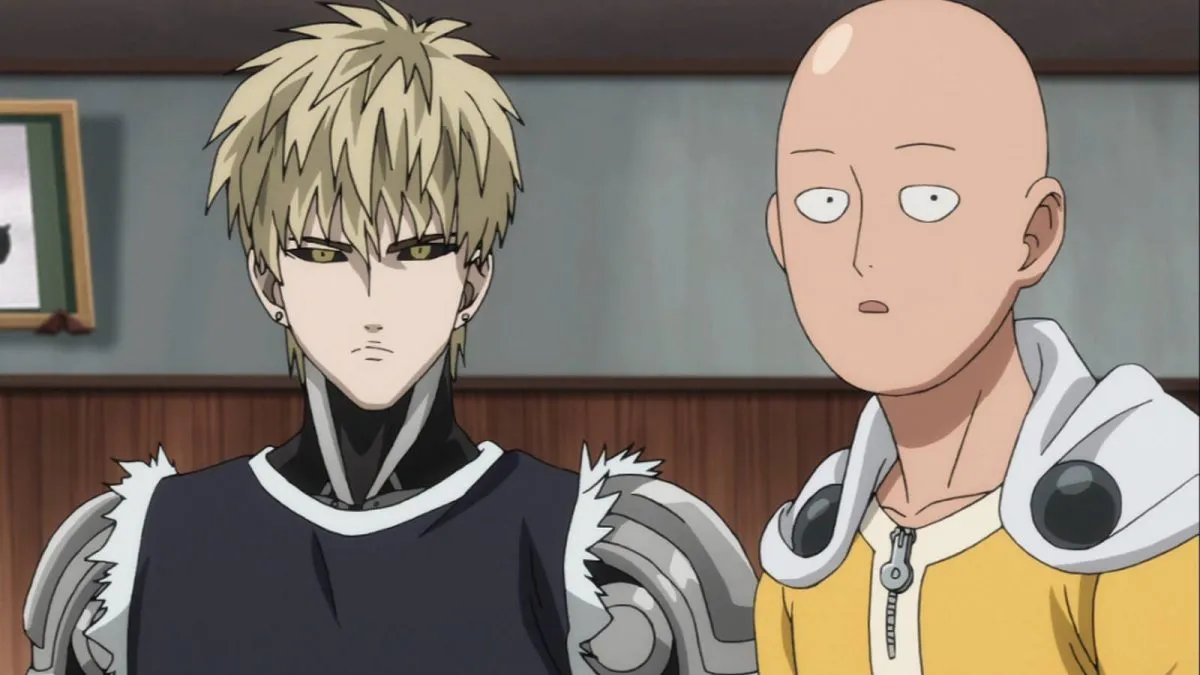 Genos and Saitama standing next to each other in the One Punch Man anime.