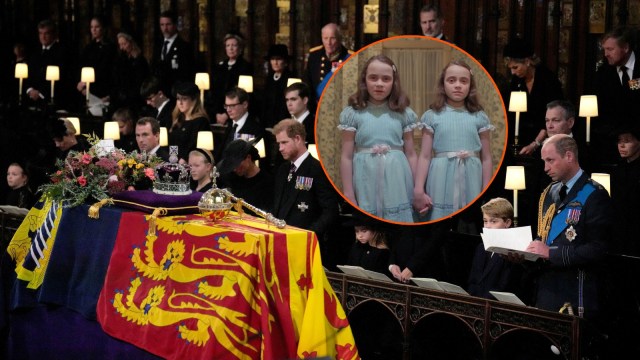 An image of the twins from 'The Shining' is super-imposed on top of the funeral procession for Queen Elizabeth II.