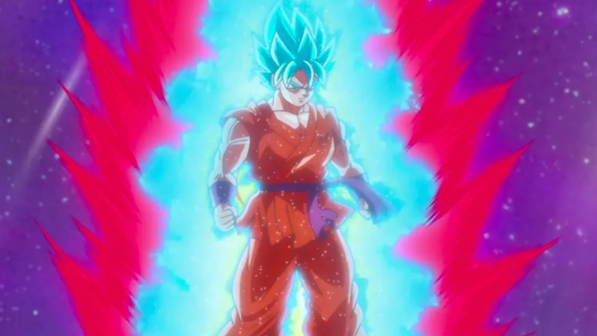 Goku is looking straight ahead and is surrounded by colors.