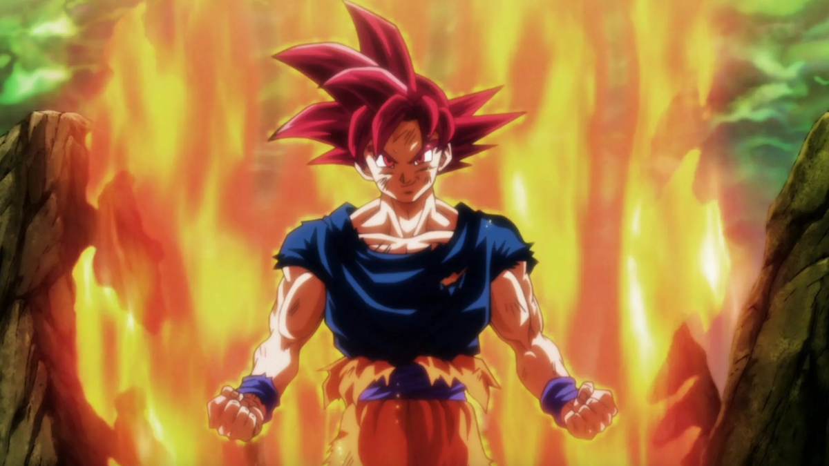 Goku is putting his hands into fists and standing in front of fire.