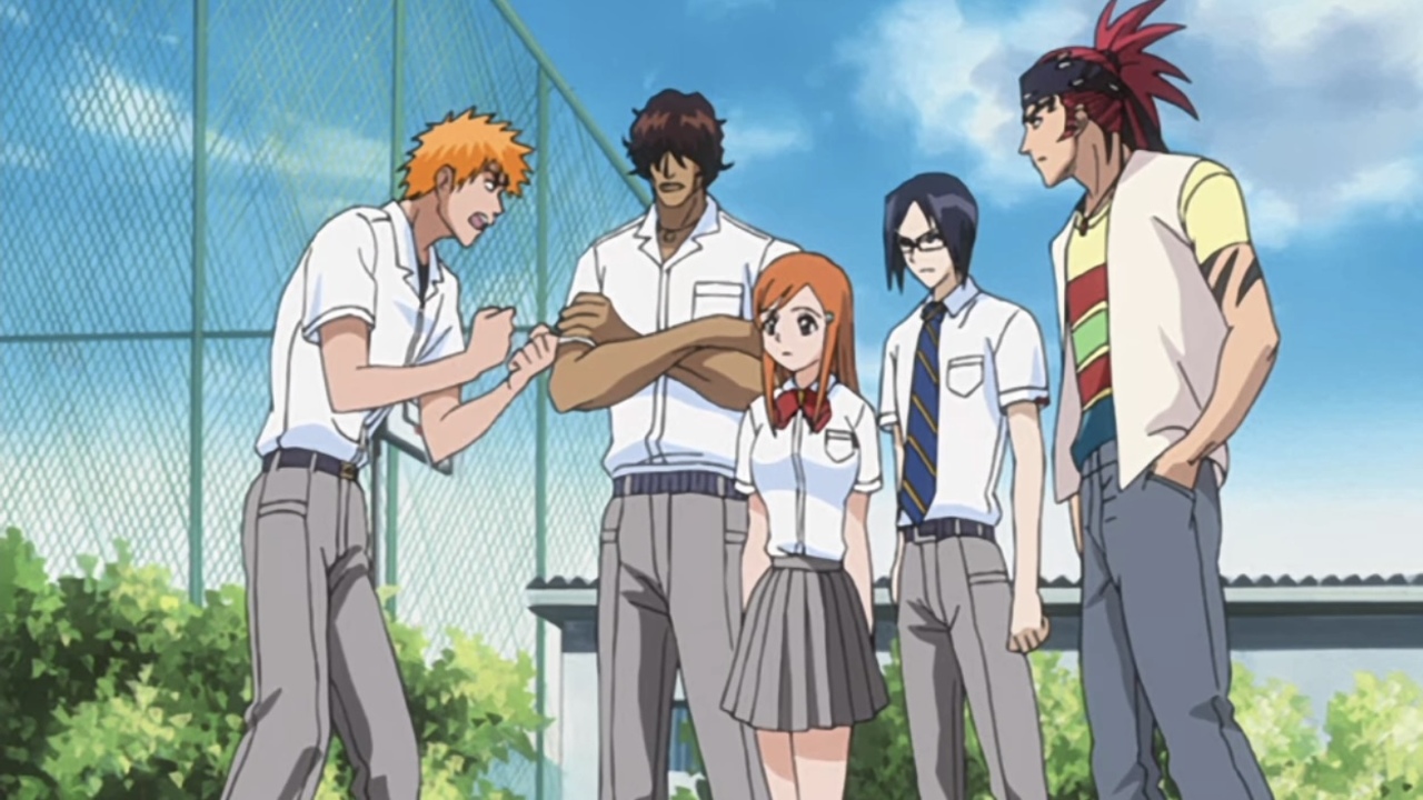 Ichigo Kurosaki and his friends in their high school uniform in 'Bleach' anime series. 