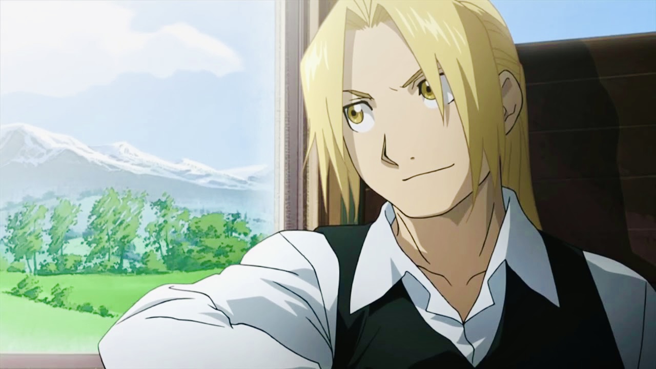 A character from Fullmetal Alchemist is looking out the window on a train.