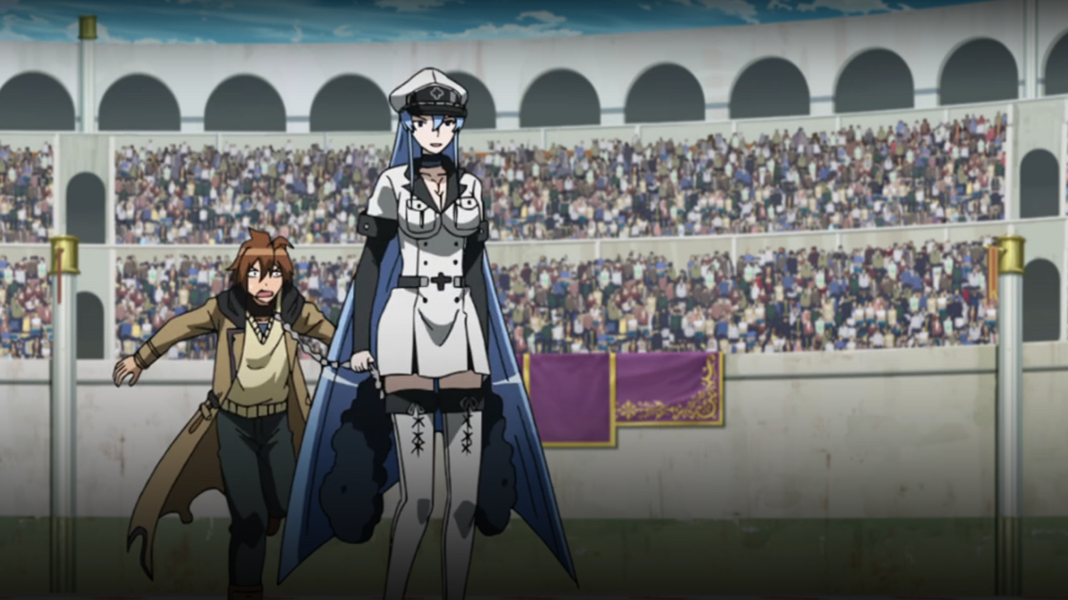 Esdeath drags a collared Tatsumi.