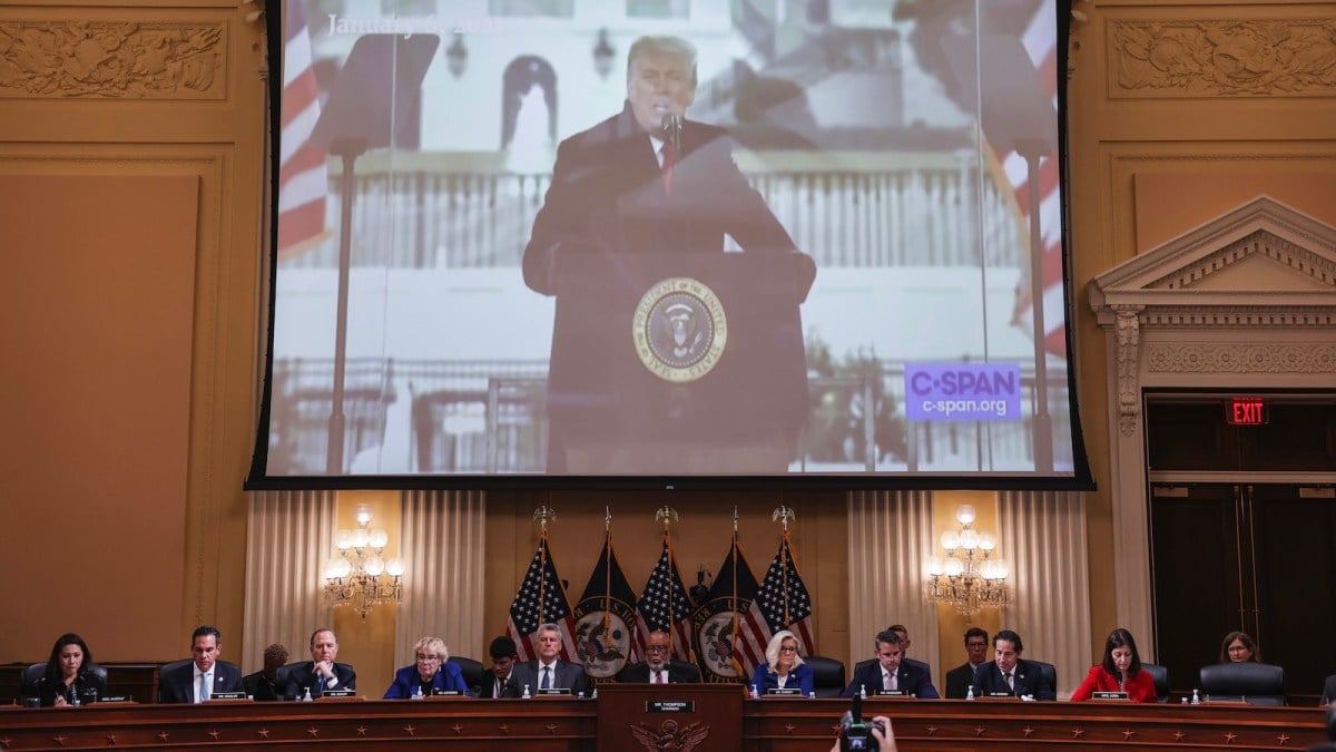 A video of former President Donald Trump is played during a hearing by the House Select Committee to Investigate the January 6th Attack on the U.S. Capitol in the Cannon House Office Building on October 13, 2022 in Washington, DC. The bipartisan committee, in possibly its final hearing, has been gathering evidence for almost a year related to the January 6 attack at the U.S. Capitol. On January 6, 2021, supporters of former President Donald Trump attacked the U.S. Capitol Building during an attempt to disrupt a congressional vote to confirm the electoral college win for President Joe Biden.