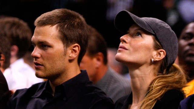 Tom Brady and Gisele Bundchen during Game Two of the 2008 NBA Eastern Conference finals at the TD Banknorth Garden on May 22, 2008 in Boston, Massachusetts.