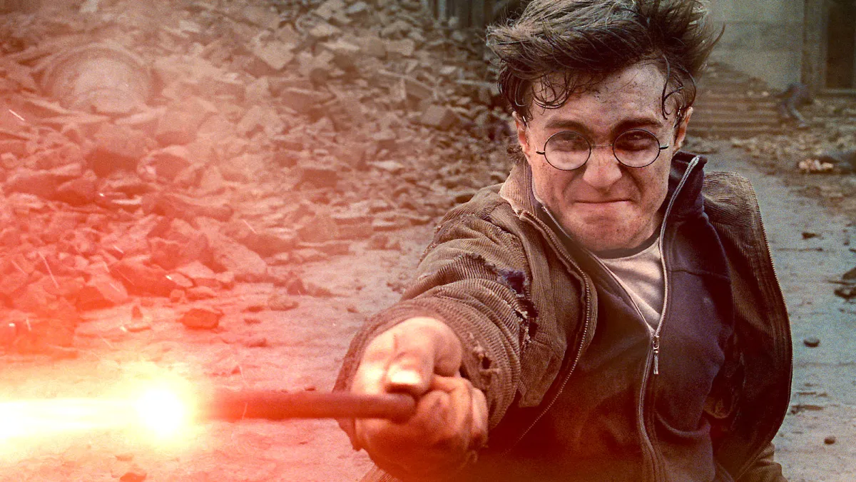 Harry Potter shooting a red spell out of his wand