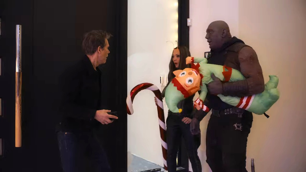 Mantis, Drax and Kevin Bacon in The Guardians of the Galaxy Holiday Special