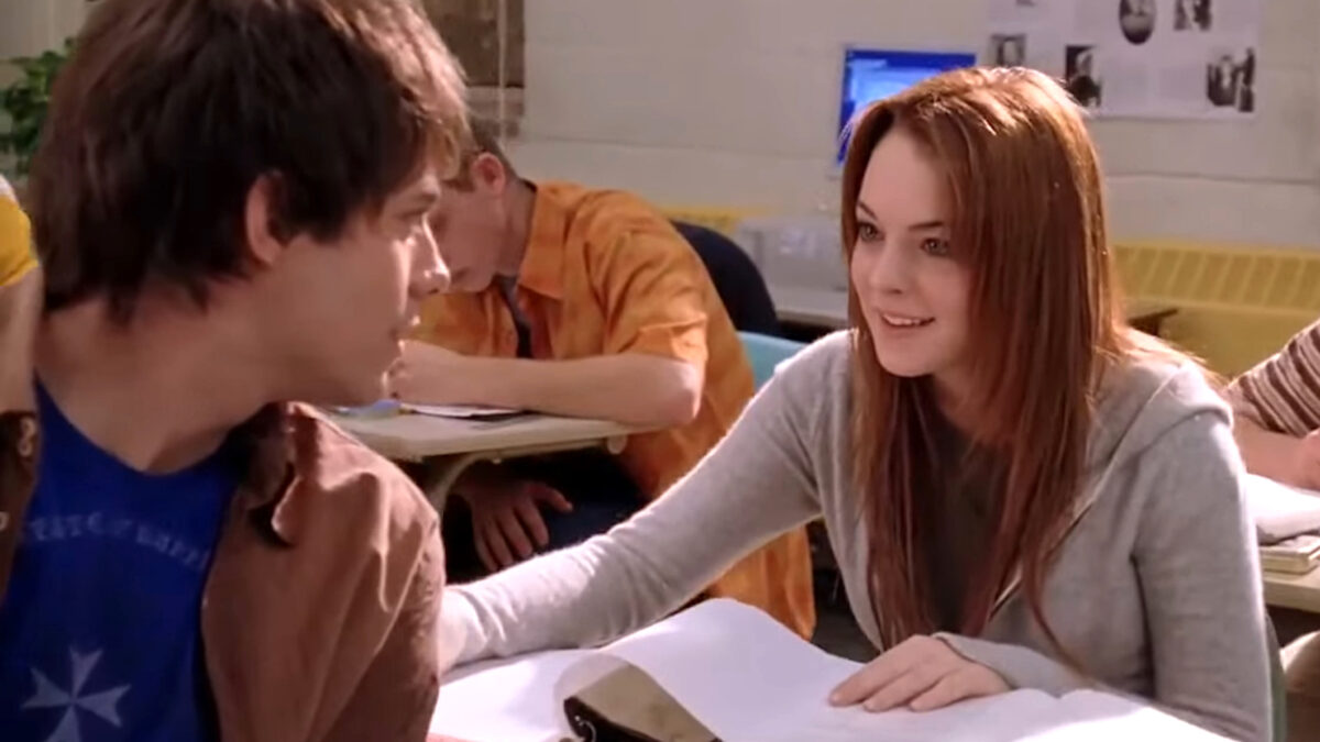 Aaron Samuels turning around in his chair asking Cady Heron what day it is in the movie 'Mean Girls'