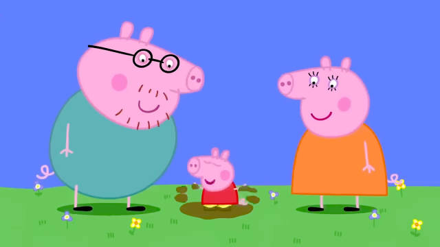 Mummy Pig and Daddy Pig standing over Peppa Pig playing in the mid