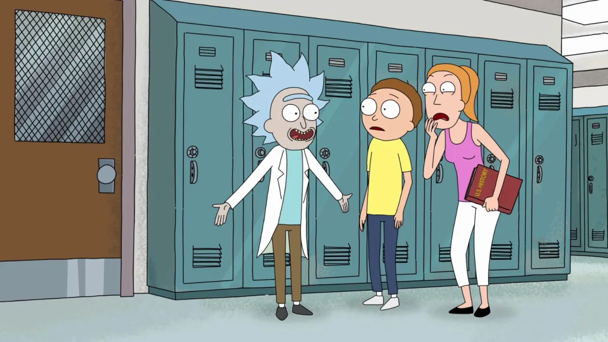 Little Rick, Morty and Summer in the school hallway