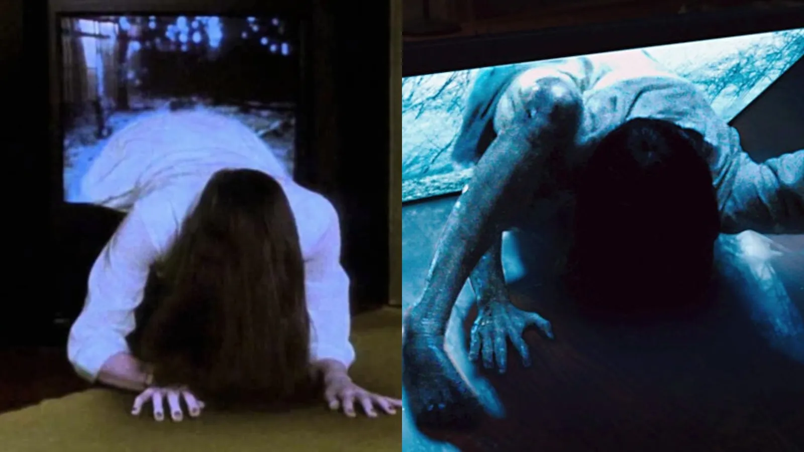 Screencaps from Ringu (1998) (left) and The Ring (2002) (right)