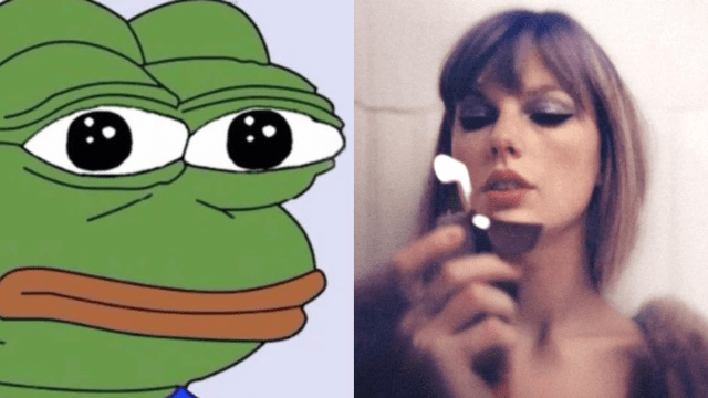 Split screen of Pepe the Frog and the album cover for Taylor Swift's 'Midnights' album
