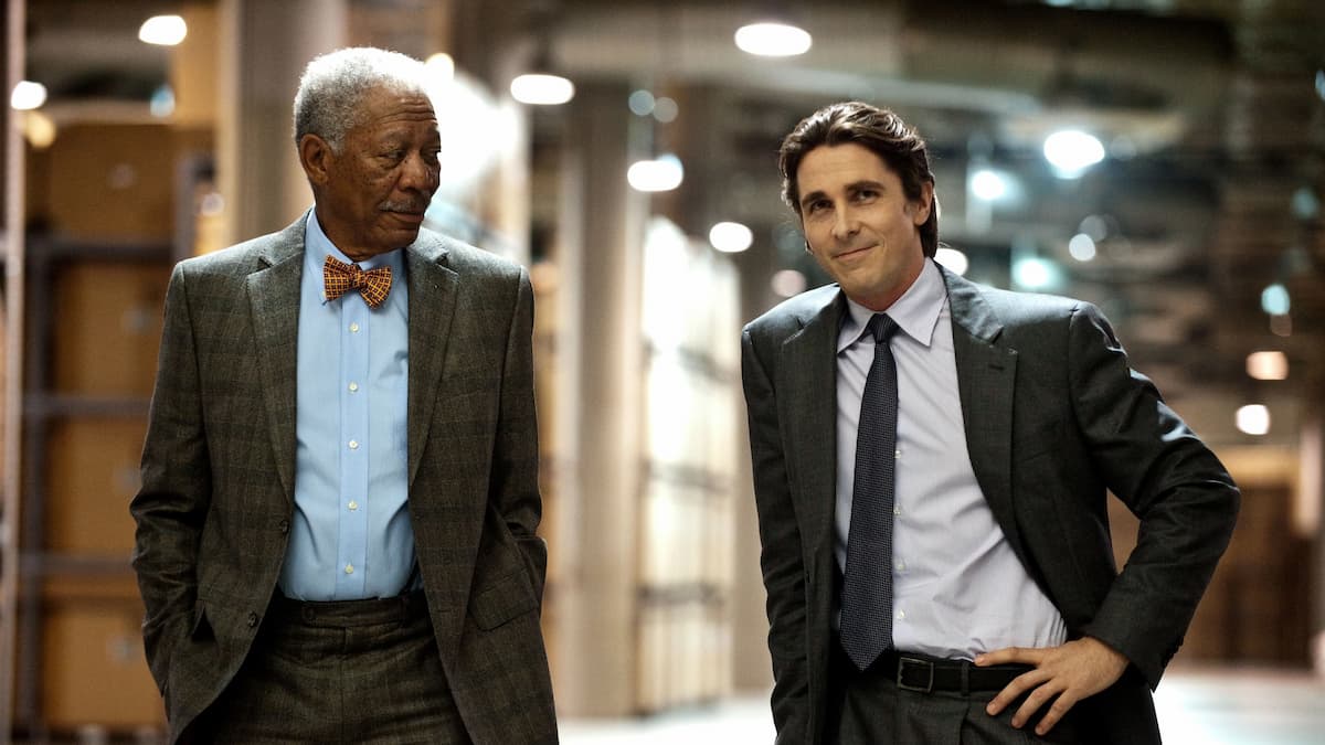 Lucius Fox (Morgan Freeman) and Bruce Wayne (Christian Bale) in The Dark Knight Rises
